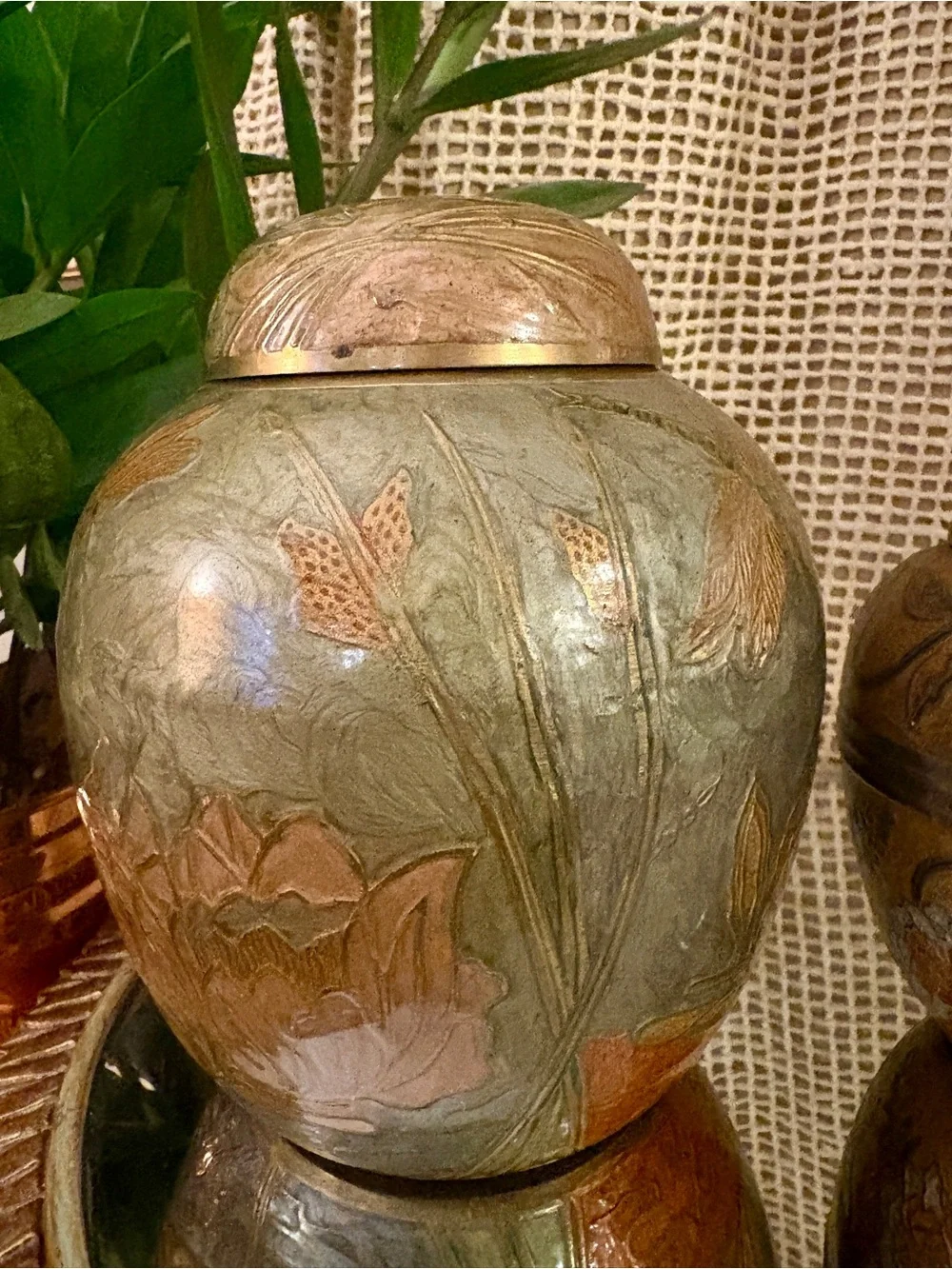 Pair of Vintage Hand-Painted Cloisonné Ginger Jars
